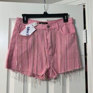 Pink Rhinestone Tassel Denim Shorts
